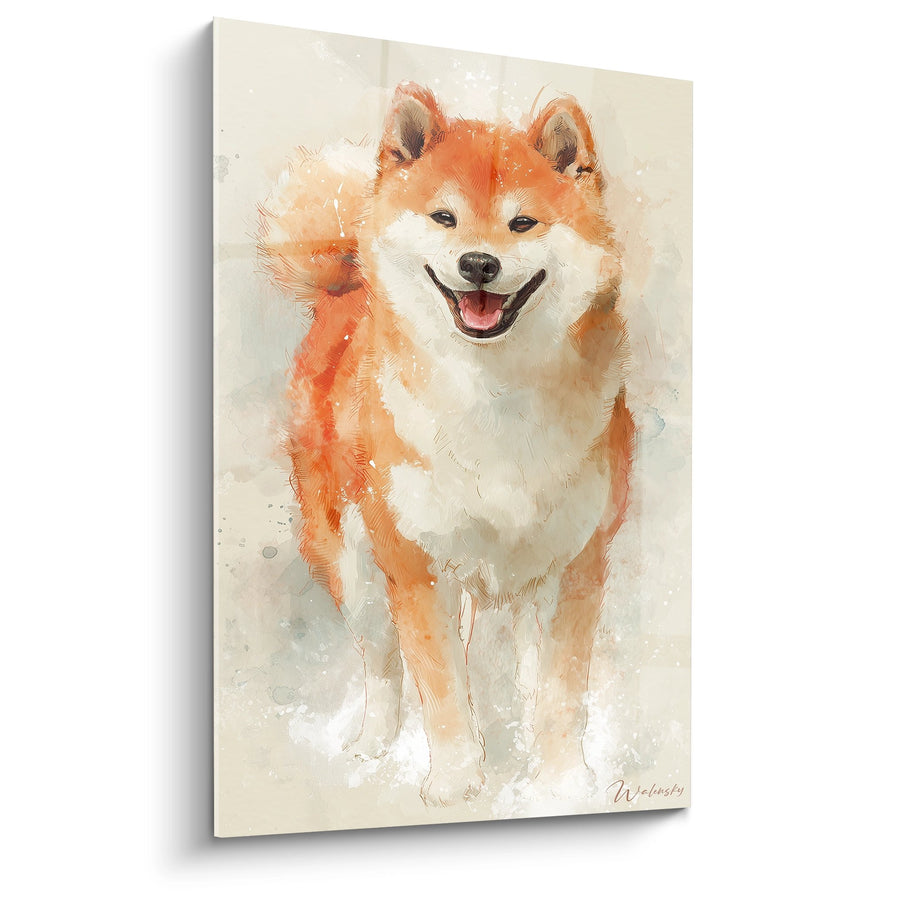 Tableau Chien Roux Souriant à l'Aquarelle - Joie Canine - Edition Shiba Inu