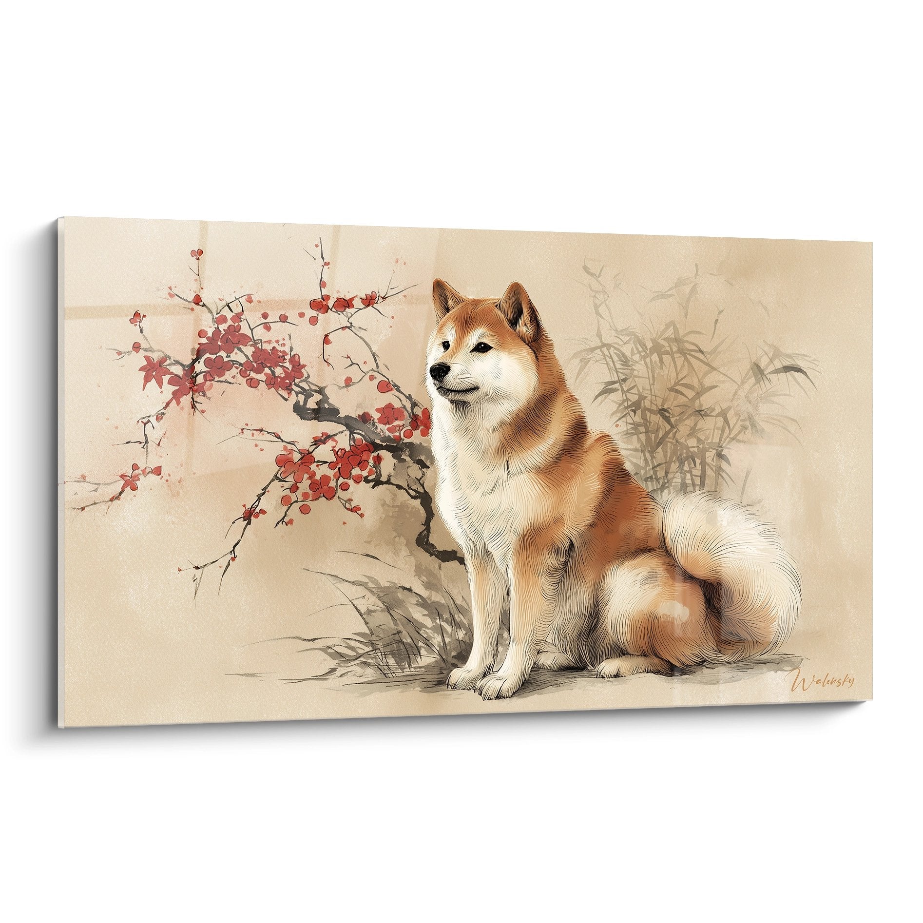 Tableau Shiba Inu assis avec branche fleurie rouge dans style japonais traditionnel tons beiges