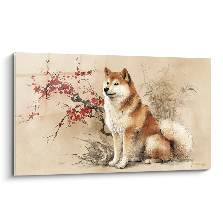 Tableau Shiba Inu Assis avec Branche Fleurie Rouge - Sérénité Japonaise - Edition Shiba Inu