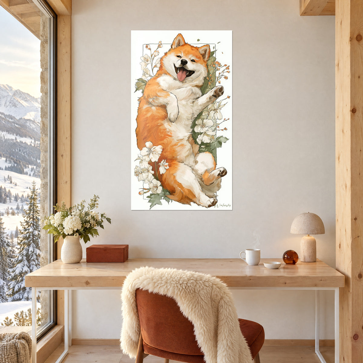 Wall art joyful Japanese dog on its back, orange and off-white, flowering stems, above a chalet wooden desk