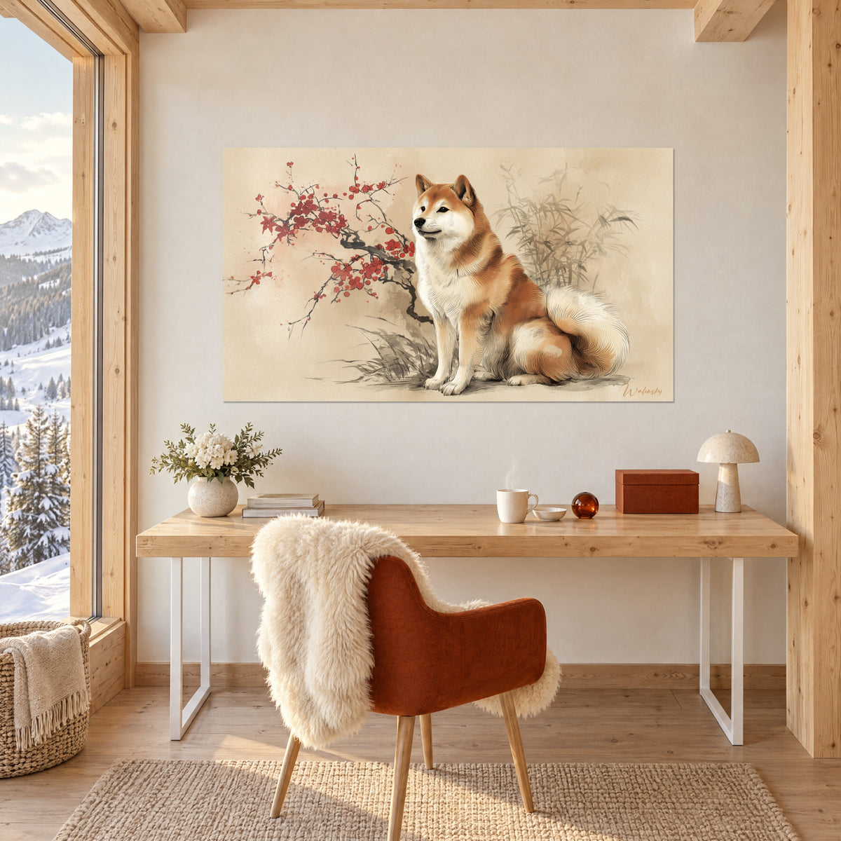 Wall art of a seated Shiba Inu on a sand-coloured background, red flowering branch and grey bamboo in ink wash, on the wall of a chalet office