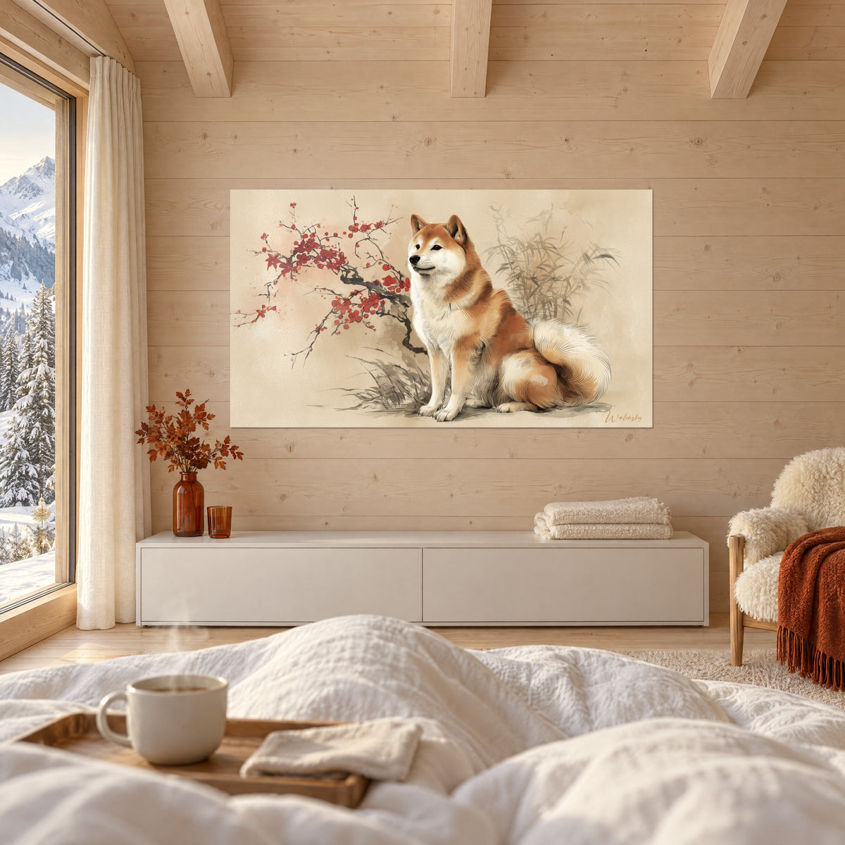 Wall art of a red and cream Japanese dog, red flowers on a black branch, sand-coloured background, above a bed in a light bedroom