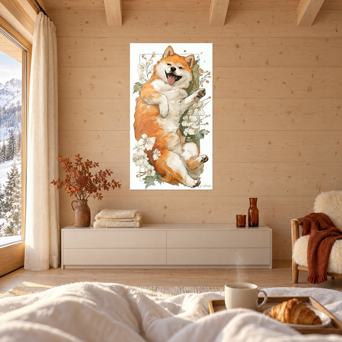 Wall art chubby-cheeked dog upside down, apricot and ivory fur, white petals, above a bed in a light bedroom