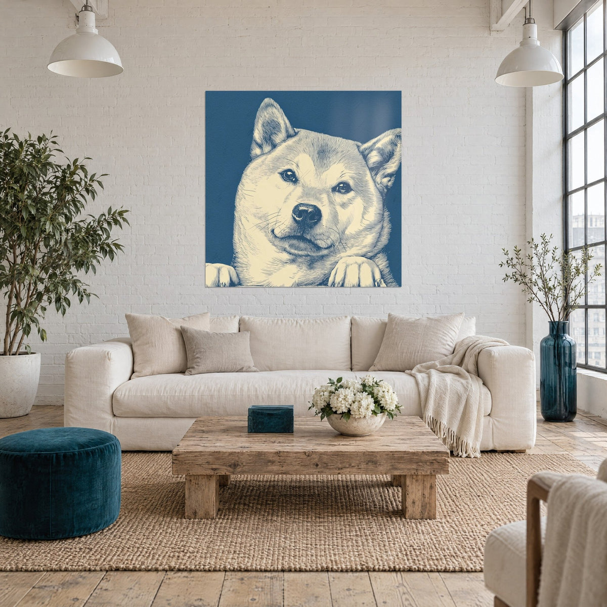 Πίνακας Shiba Inu με κρεμ τρίχωμα χαραγμένο σε πετρελαιί φόντο, όρθια αυτιά, πάνω από καναπέ σε φωτεινό σαλόνι
