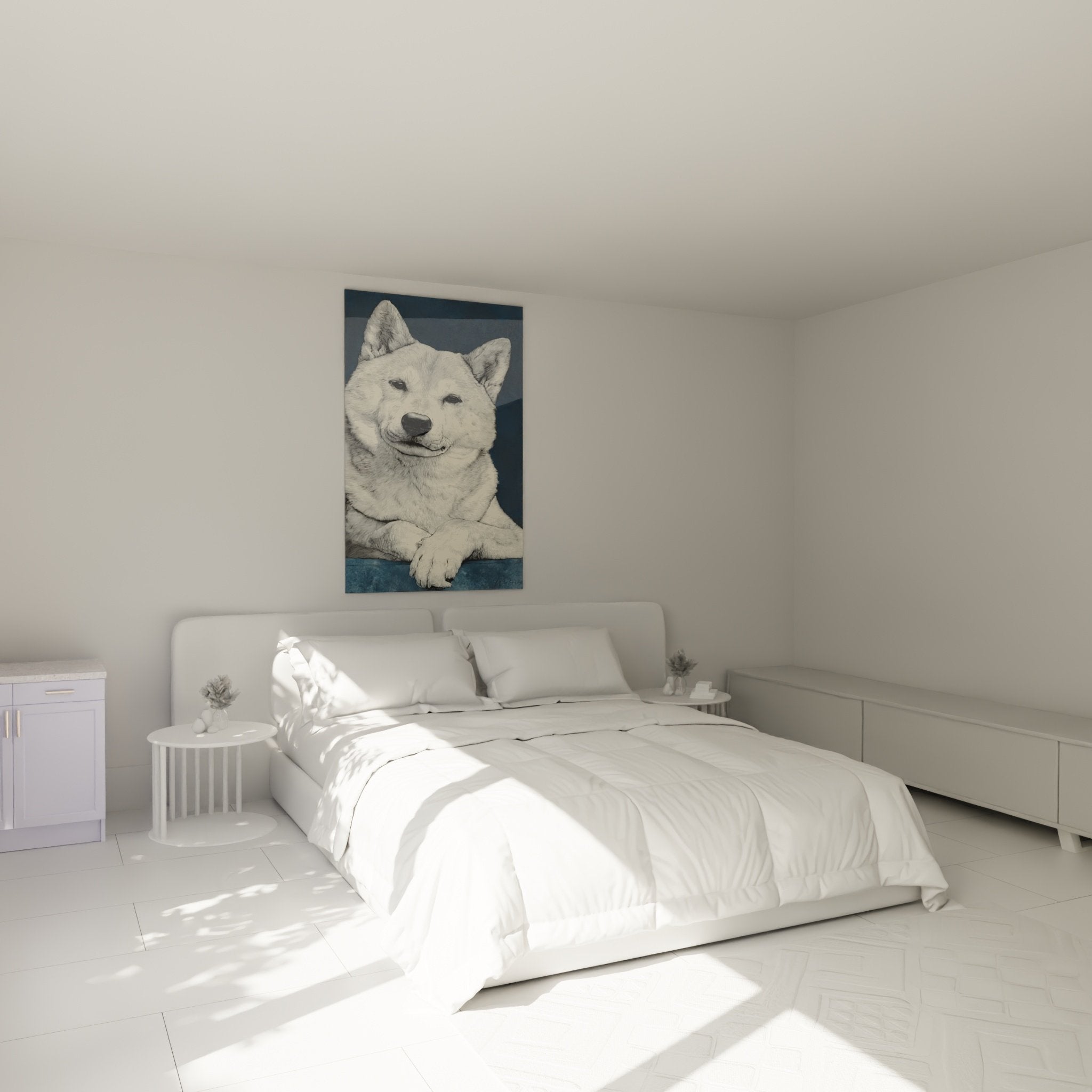 Tableau portrait chien Shiba Inu style gravure vintage accroché dans chambre moderne aux tons bleus