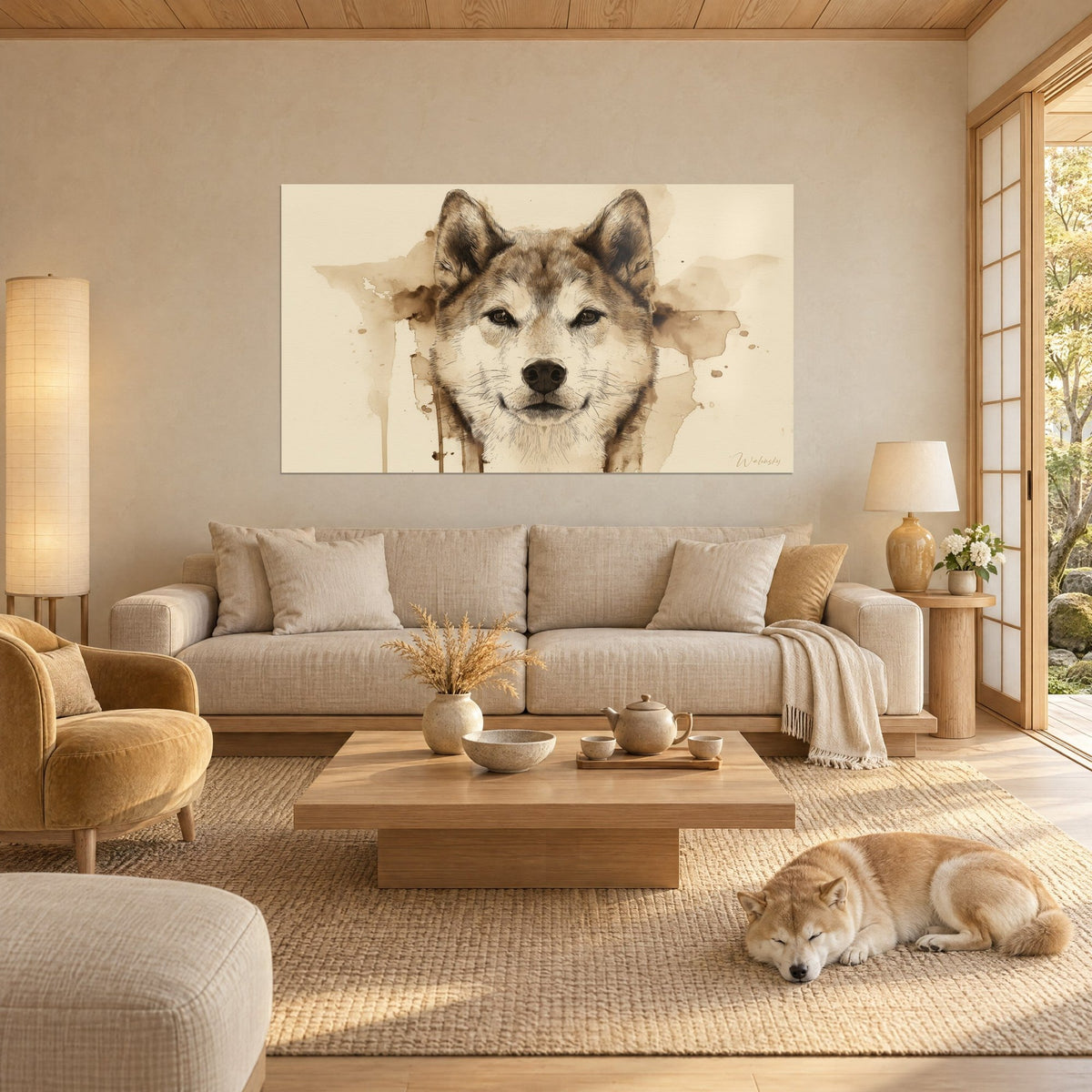 Πίνακας Shiba Inu με κοκκινοκαφέ και κρεμ τρίχωμα, σέπια βλέμμα, με έναν κοιμισμένο σκύλο, πάνω από έναν καναπέ σε ένα φωτεινό σαλόνι