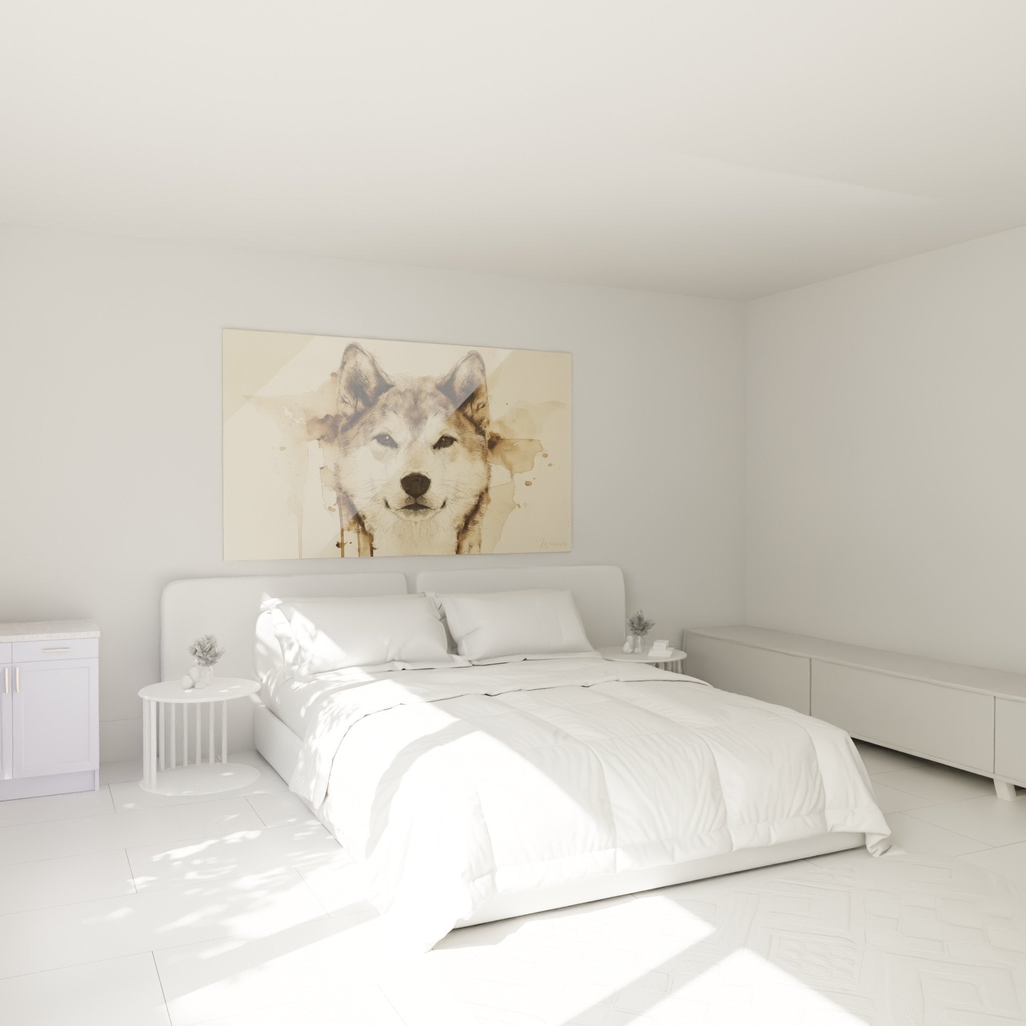 Tableau chien Shiba Inu sepia dans chambre decoration murale tons naturels ambiance cosy