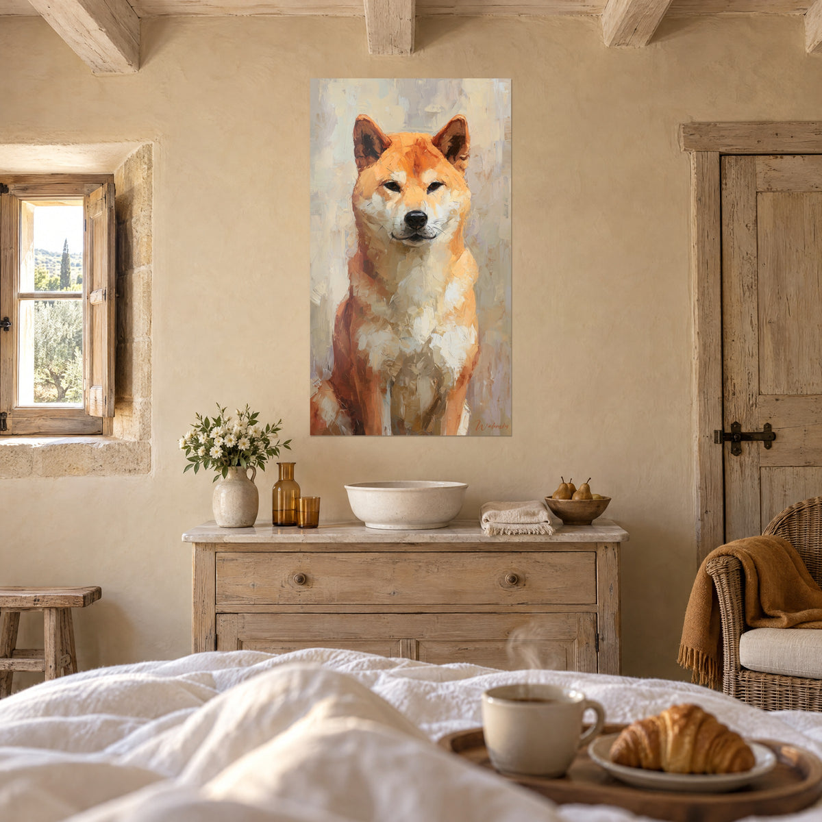 Πίνακας πορτρέτο πορτοκαλί Shiba με παχιές πινελιές, μαύρο μουσούδι, κρεμώδες λευκό, πάνω από κρεβάτι σε φωτεινή κρεβατοκάμαρα