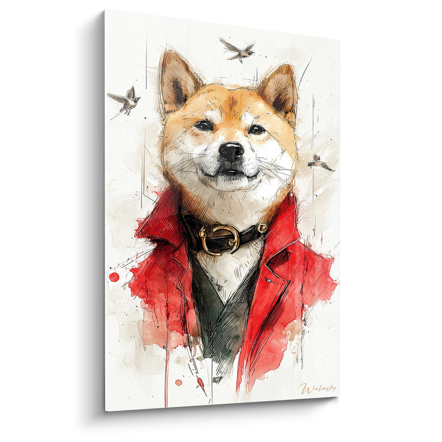 Tableau Shiba Inu en Costume Rouge avec Oiseaux - Portrait Aristocratique - Edition Shiba Inu