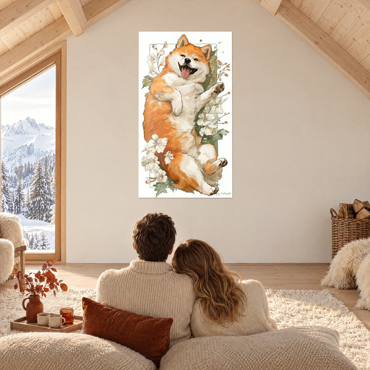 Wall art Shiba curled up in a ball, black nose and pink tongue, orange and soft green, facing the couple in front of the chalet's bay window