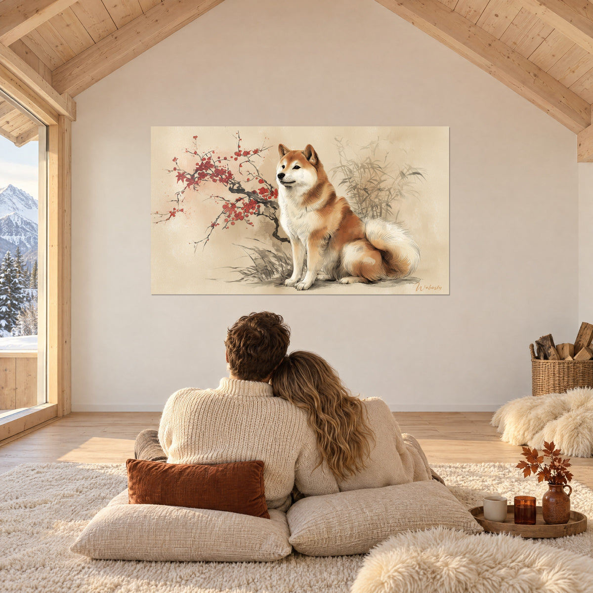 Portrait of a tawny Shiba Inu with a cream curled tail, scarlet flowers in watercolour, in an attic bedroom of light wood