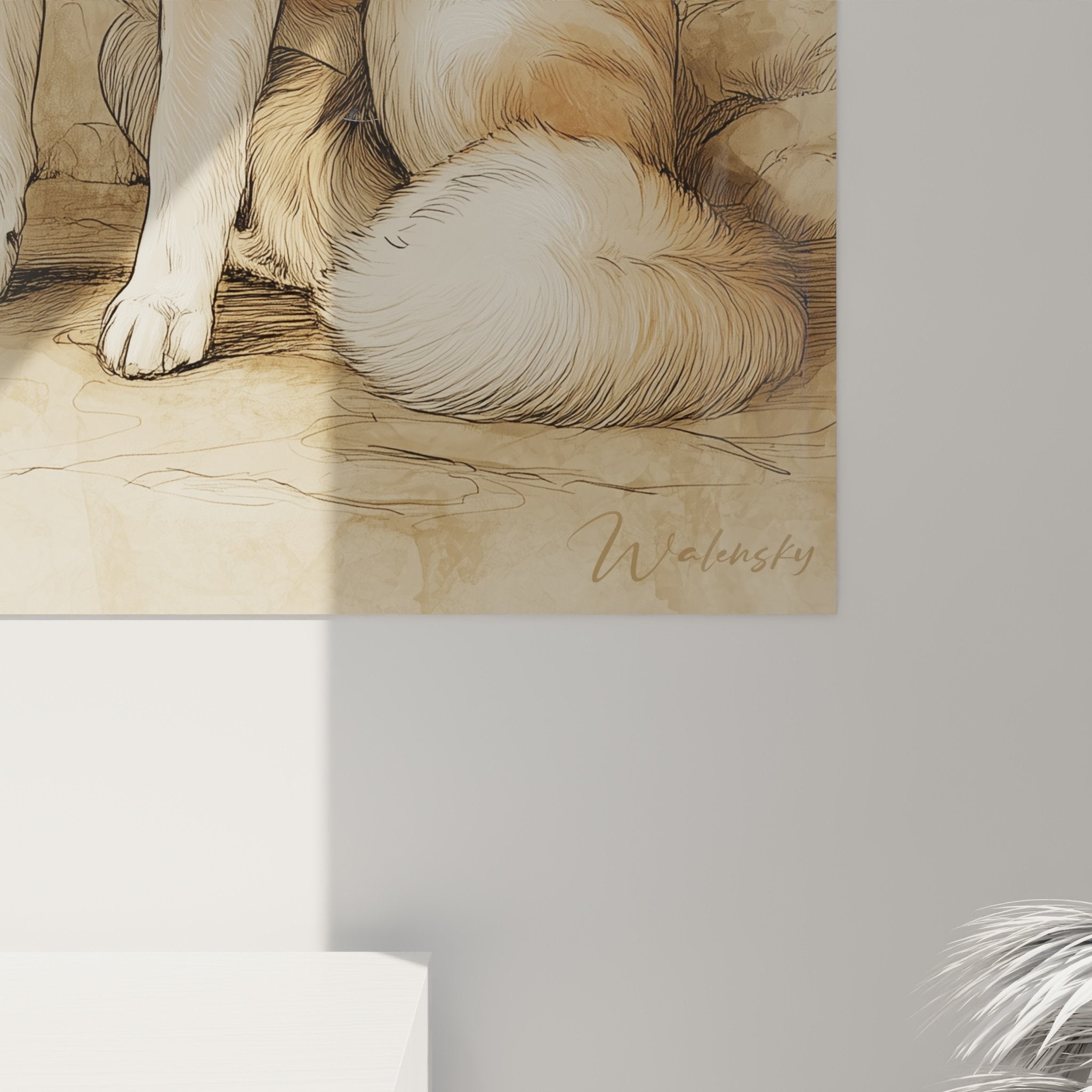 Overview of the Shiba Inu artwork in a contemporary interior with light-colored walls