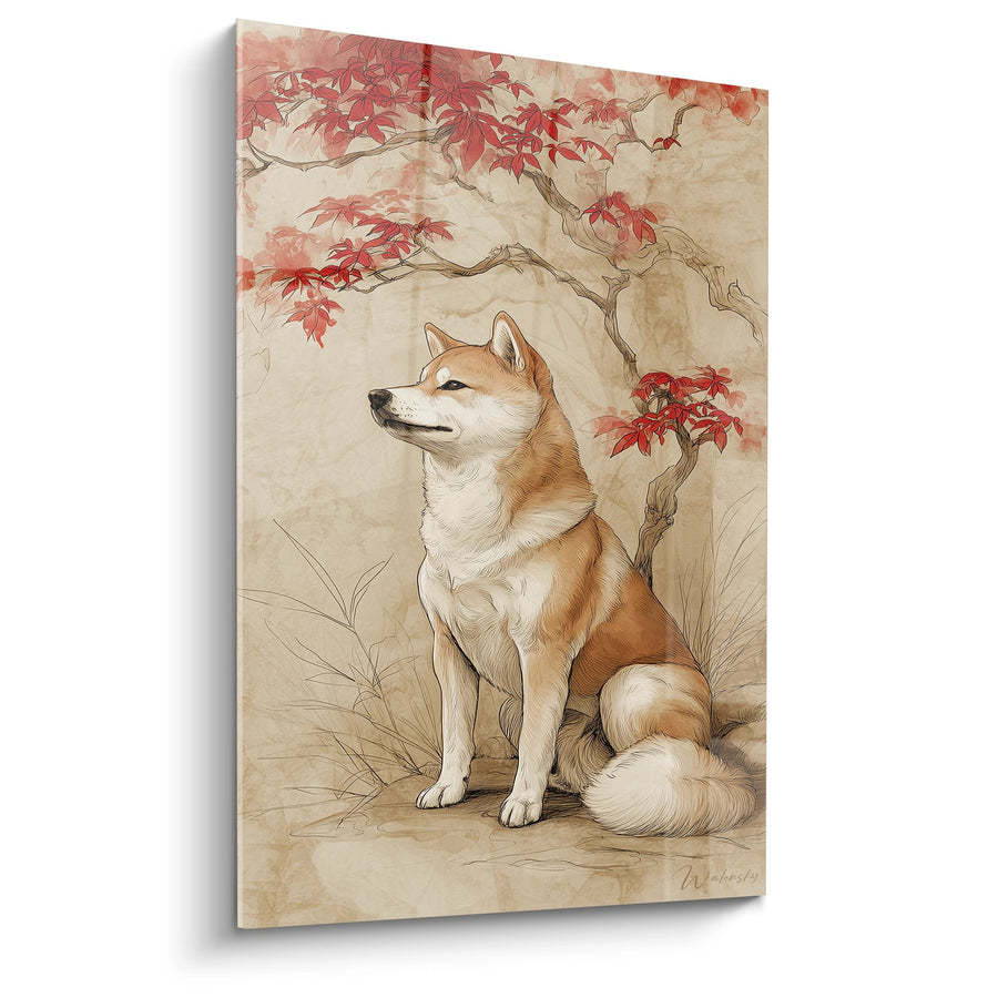 Tableau Shiba Inu Assis sous Érable Rouge - Sérénité Automnale - Edition Shiba Inu