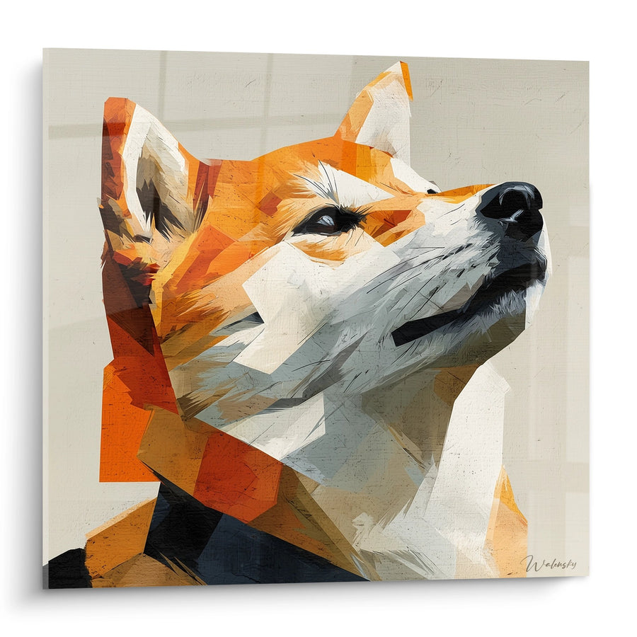 Orange and White Geometric Dog Painting Raised Muzzle - Contemplative Gaze - Shiba Inu Edition