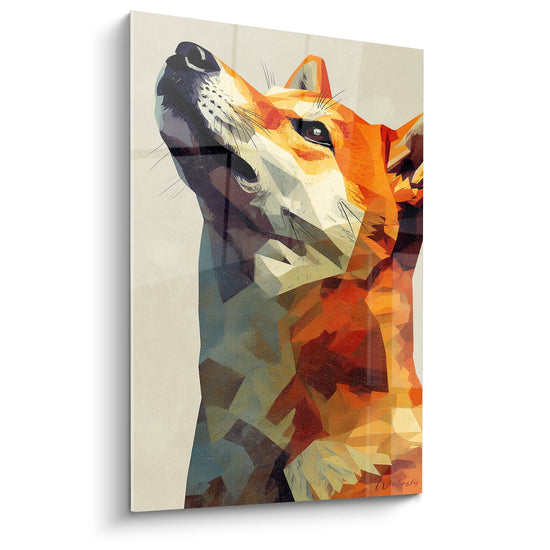 Quadro moderno Shiba Inu stile geometrico arancione blu sfaccettature poligonali testa sollevata verso il cielo arte contemporanea