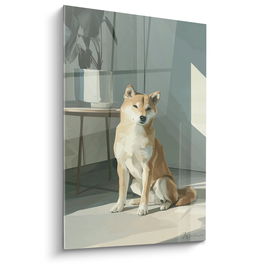 Tableau Chien Assis dans Intérieur Moderne aux Tons Verts - Sérénité Contemporaine - Edition Shiba Inu