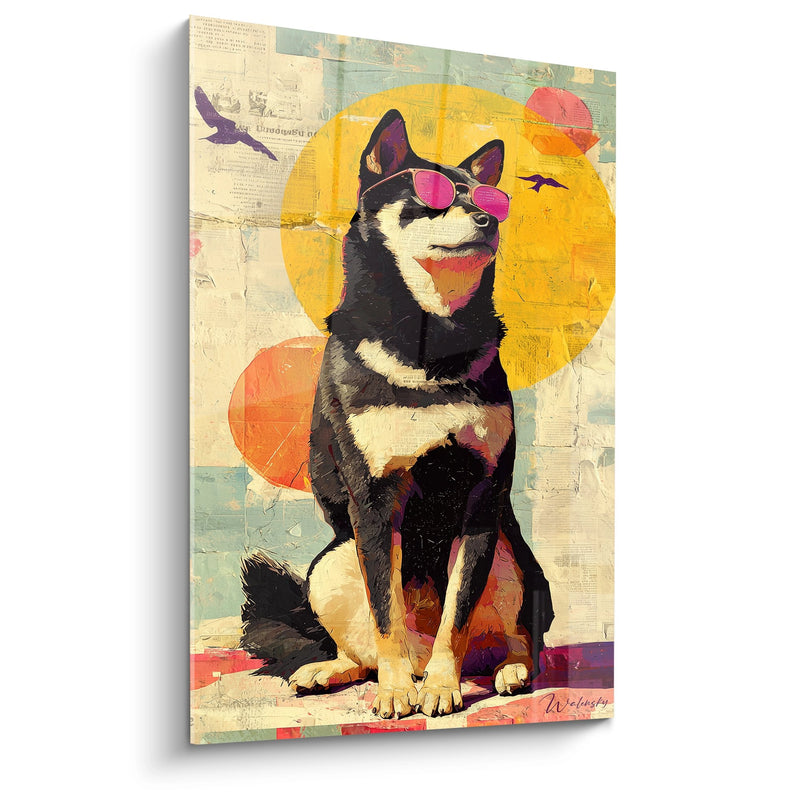Shiba Inu with Pink Glasses on Vintage Background - Pop Art Portrait - Shiba Inu Edition