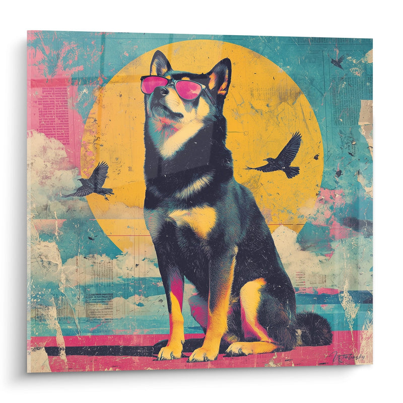 Hundegemälde mit rosa Brille auf farbigem Vintage-Hintergrund - Retro-Attitude - Shiba-Inu-Edition