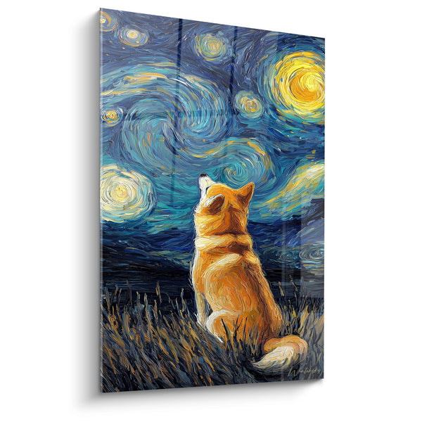Rotbrauner Shiba Inu betrachtet einen wirbelnden Sternenhimmel in der Nacht - Kosmische Nacht - Shiba Inu Edition