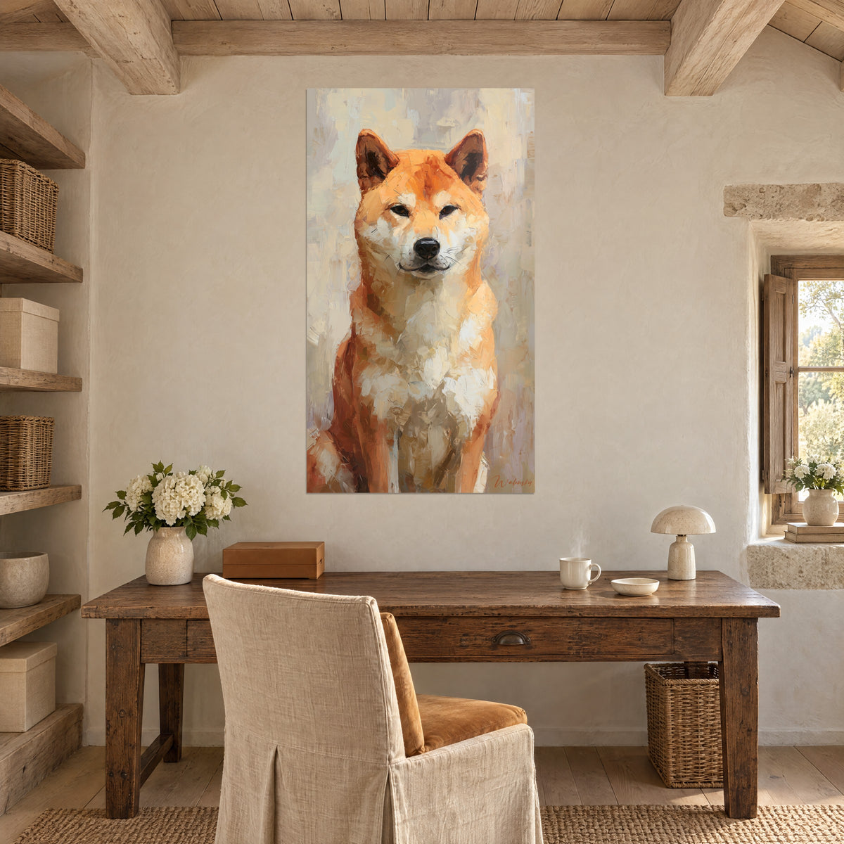 Πίνακας Shiba Inu ζωγραφισμένος με σπάτουλα, πορτοκαλί και ελεφαντοστού γούνα, τρυφερό βλέμμα, κρεμασμένος πάνω από αντικέ ξύλινο γραφείο