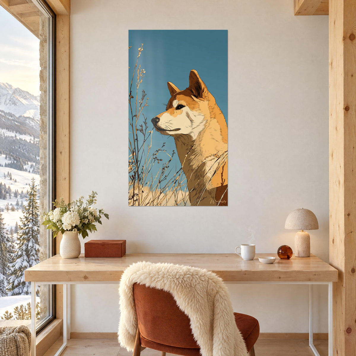Πίνακας προφίλ πορτοκαλί και λευκού Shiba Inu στο χρυσαφί λιβάδι, γαλάζιος ουρανός, πάνω από ξύλινο γραφείο κοντά σε παράθυρο