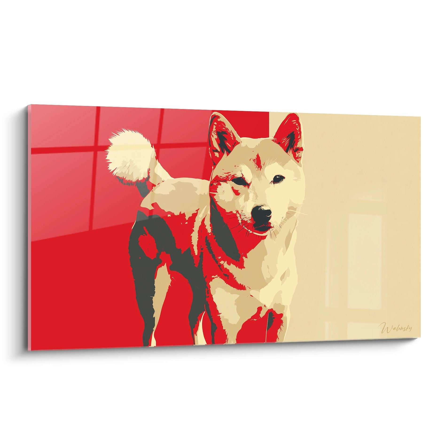 Portrait de Shiba Inu en style pop art avec fond rouge et beige, composition graphique moderne