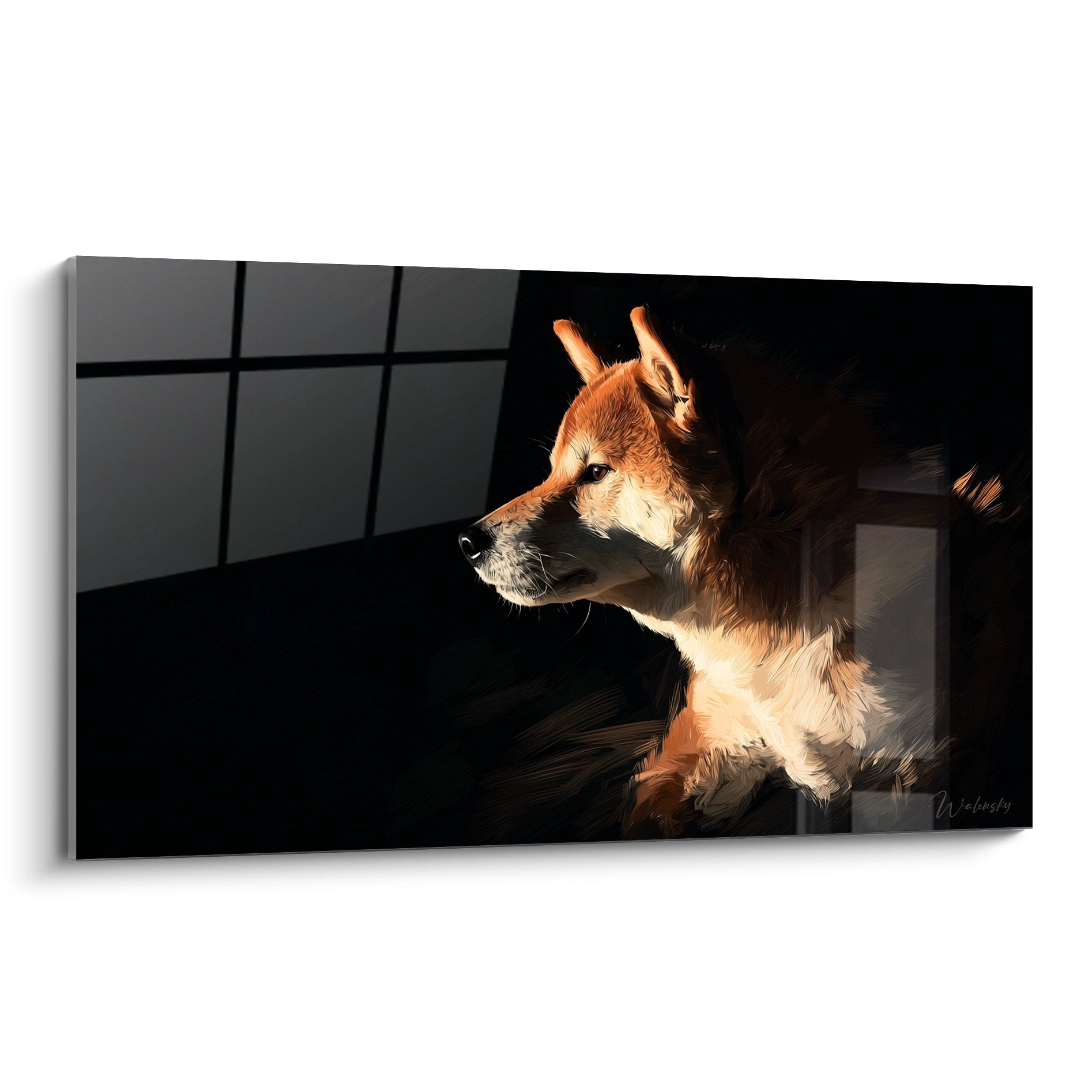 Portrait artistique Shiba Inu profil lumière dorée fond sombre tableau mural décoratif