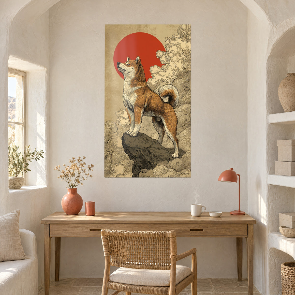 Gemälde Illustration eines japanischen Hundes mit rotem, tintengestreiftem Fell, zinnoberroter Sonne und cremefarbenen Wolken, über einem Holzschreibtisch
