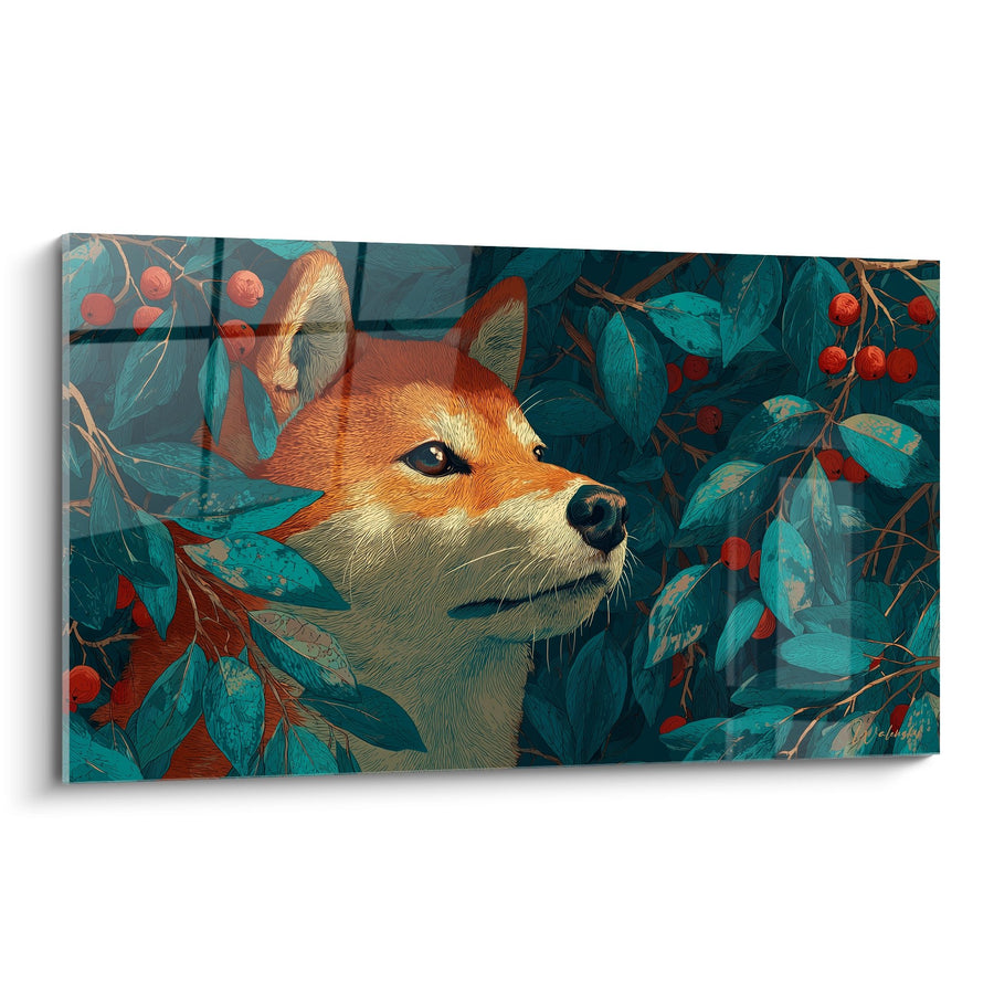 Tableau Shiba Inu Roux dans un Feuillage Turquoise et Baies Rouges - Harmonie Naturelle - Edition Shiba Inu