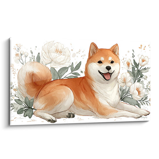 Wandbild Shiba Inu rot liegend umgeben von weißen Pfingstrosen und grünem Laub auf hellem Hintergrund