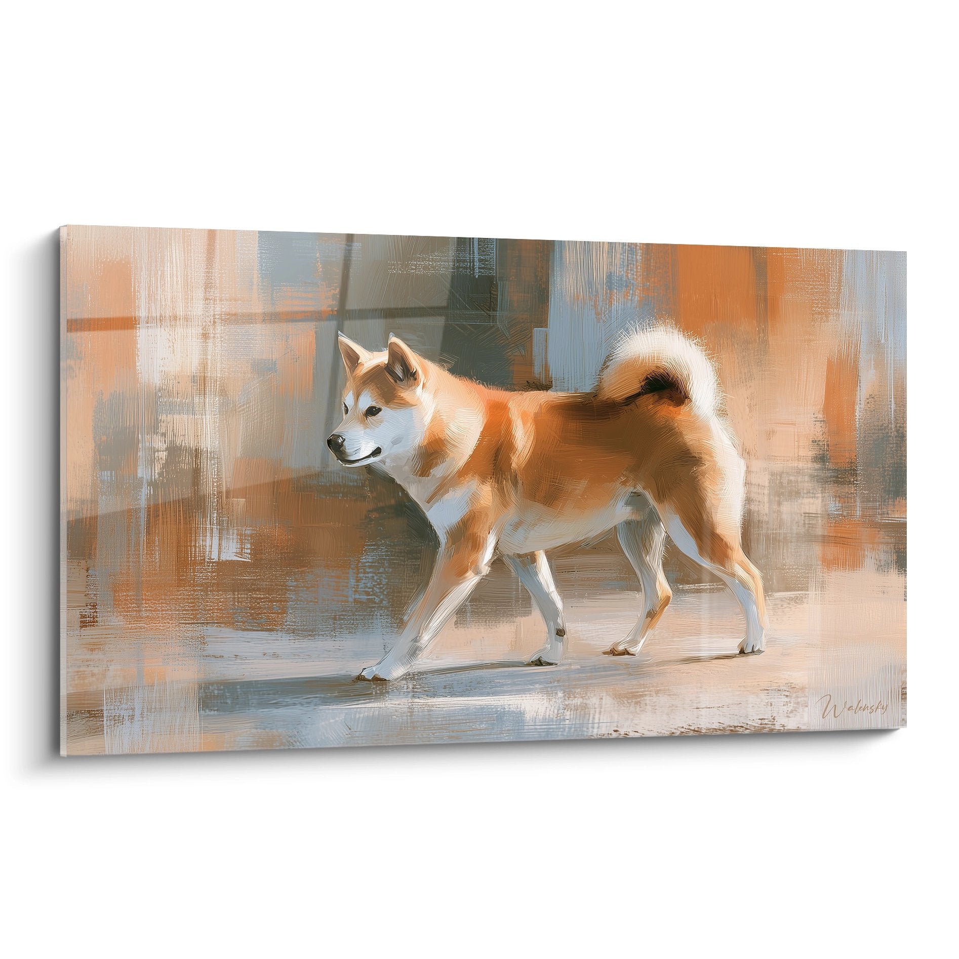 Tableau moderne Shiba Inu roux en mouvement sur fond abstrait orange et beige