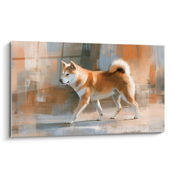 Gemälde Roter Hund in Bewegung auf abstraktem Hintergrund - Hundegrazie - Shiba Inu Edition