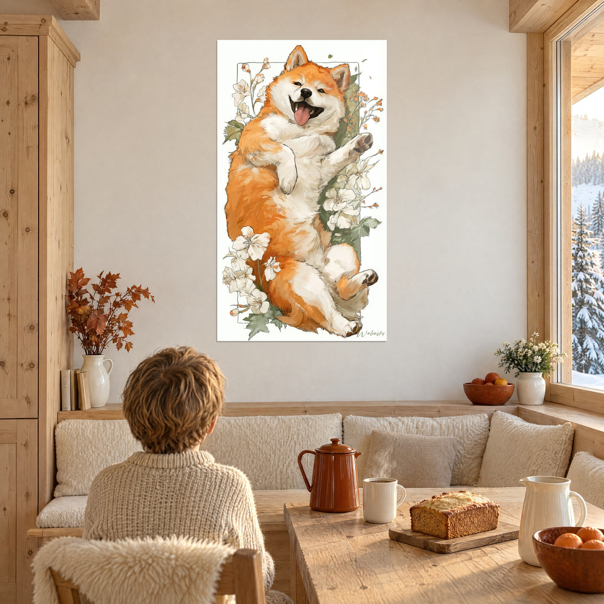 Wall art laughing dog with paws in the air, red and cream white, orange blossoms, in a wooden corner of the chalet living room
