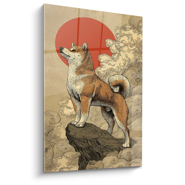 Cuadro de Perro Rojo sobre Roca con Sol Rojo - Espíritu Japonés - Edición Shiba Inu