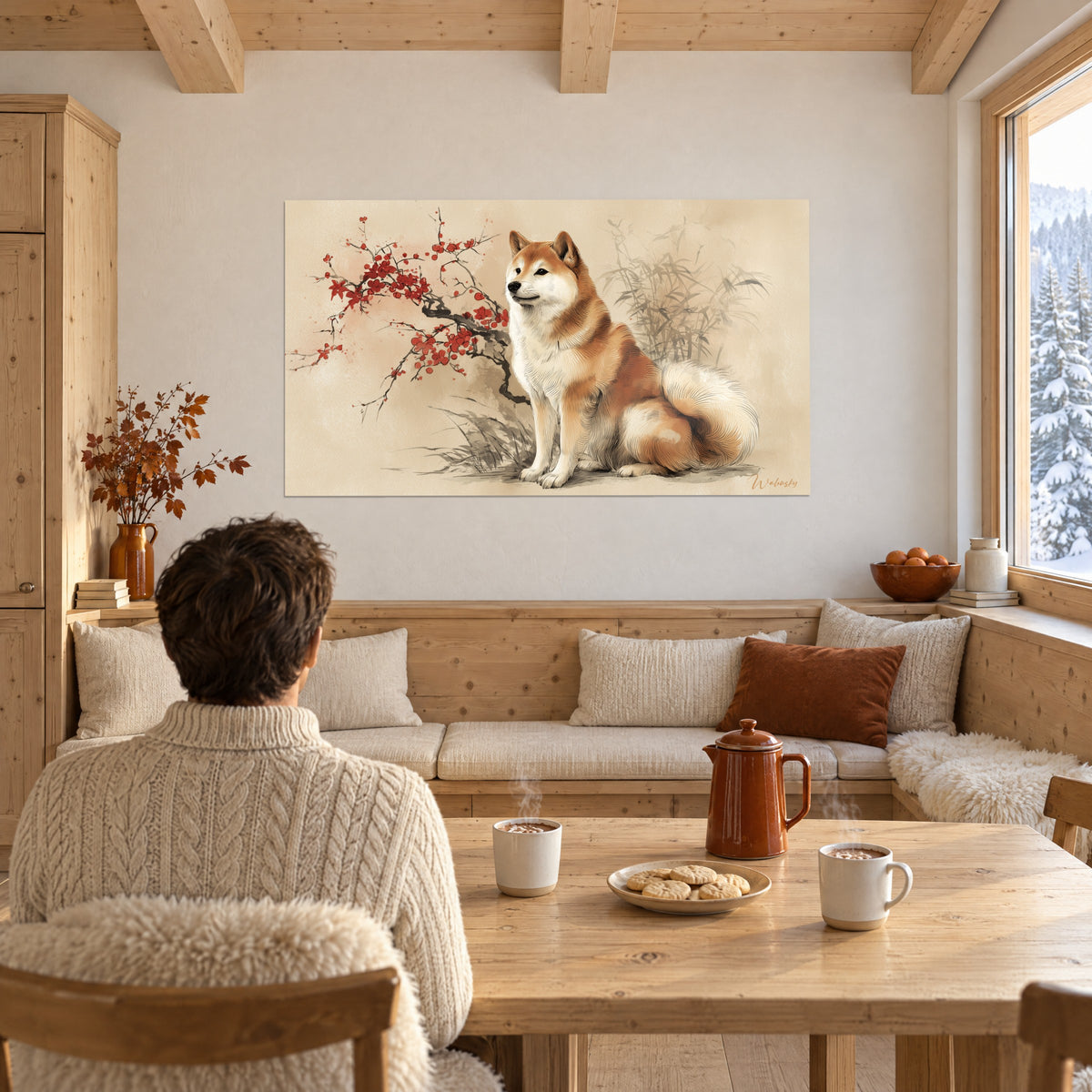 Wall art of a red dog with a white chest and serene gaze, vermilion flowering sprig, in a snowy chalet beside a wooden table