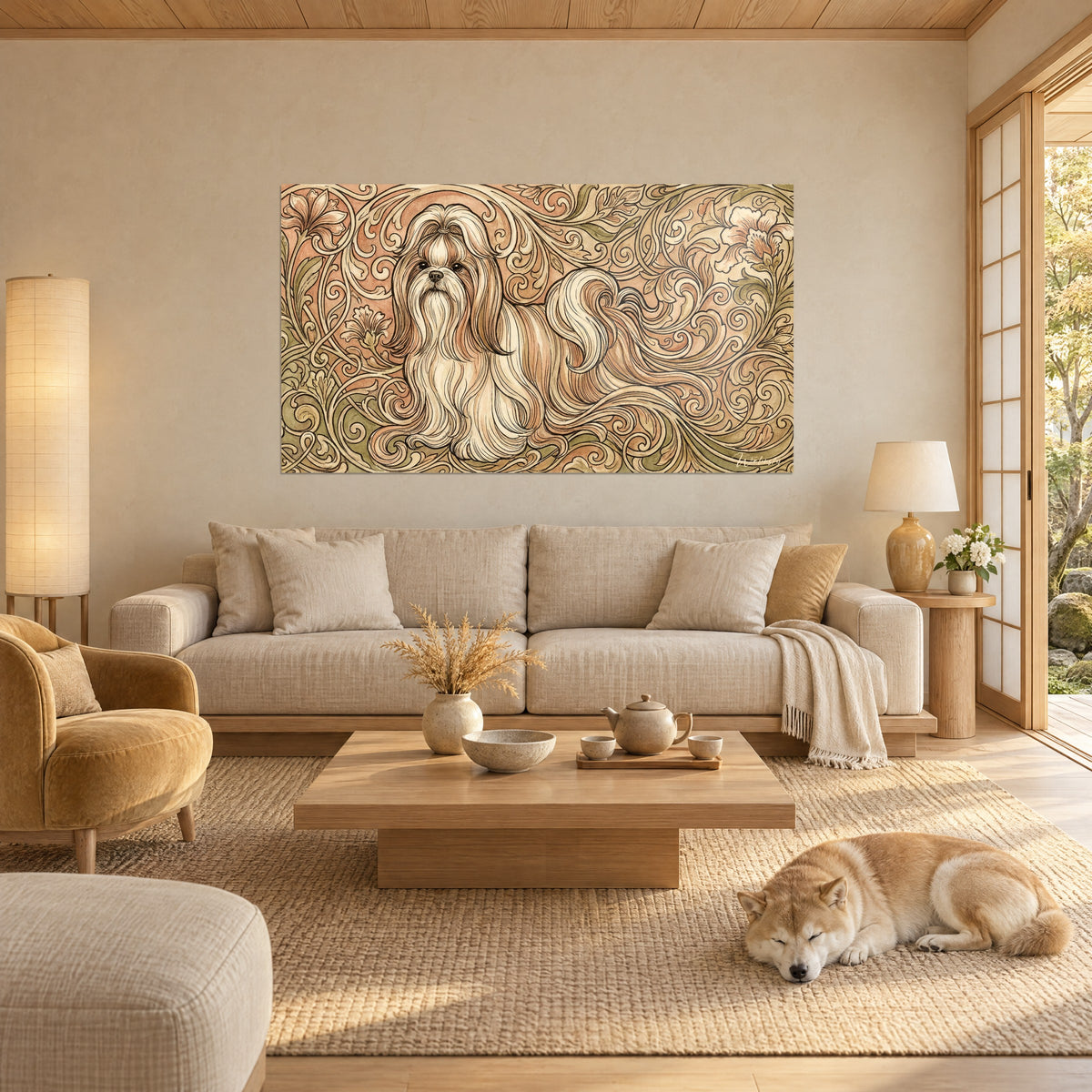 Wall art Shih Tzu with long cream and red fur, surrounded by golden scrolls, with a sleeping Shiba on the floor, above a sofa in a bright living room