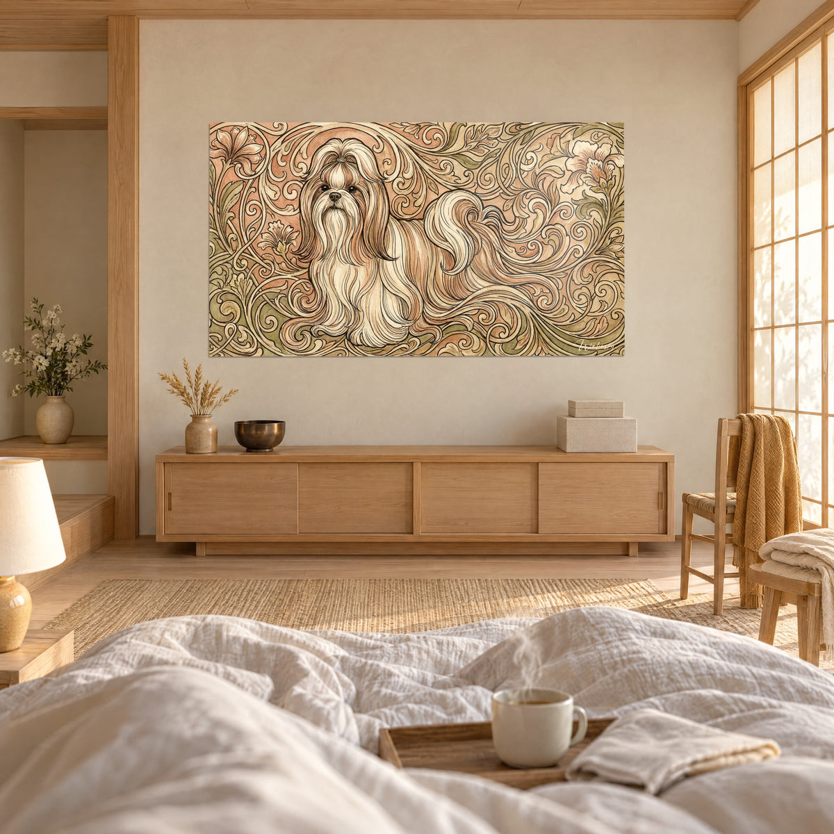 Wall art dog portrait with a tied topknot, copper scrolls and khaki foliage, two people seen from behind, above a bed in a light bedroom