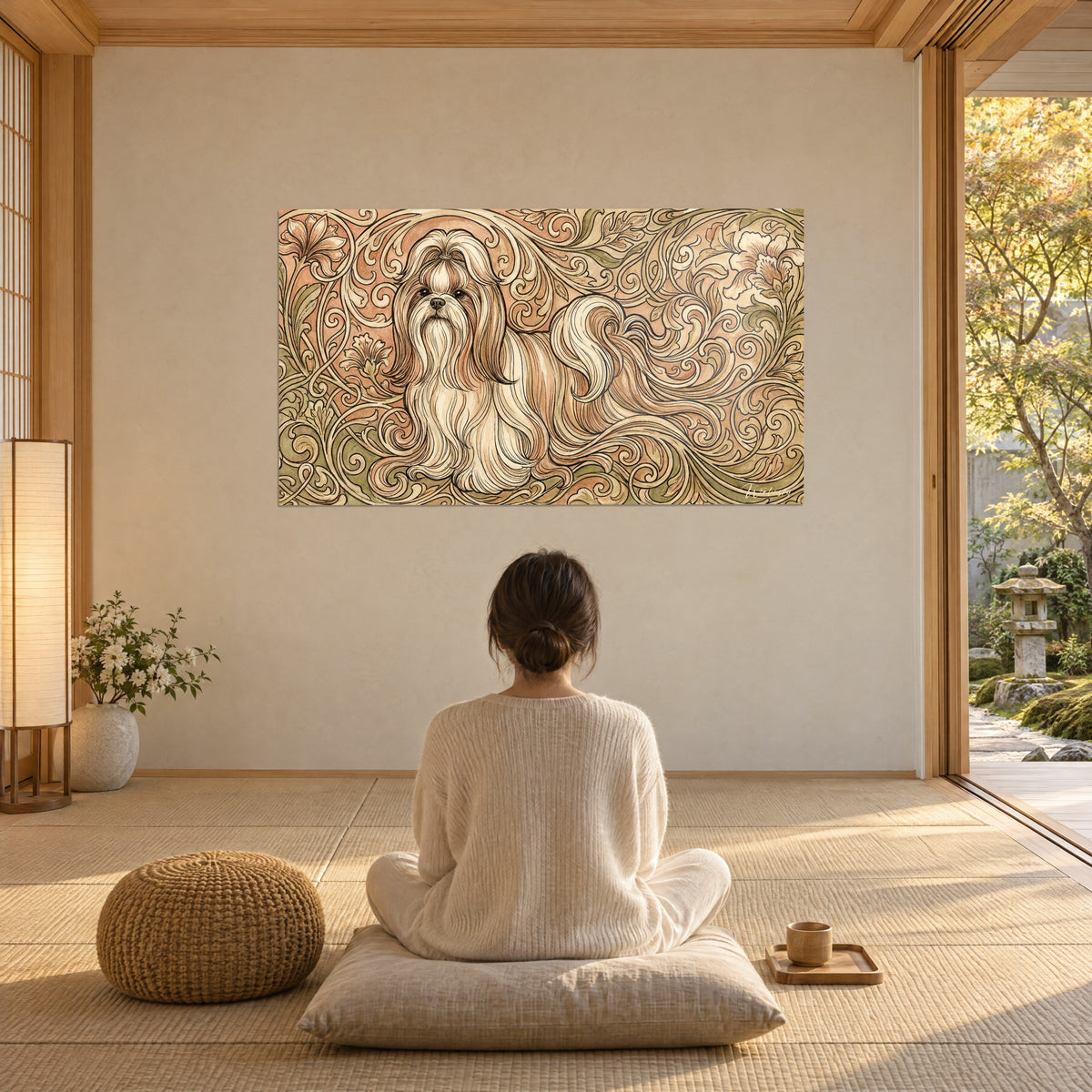 Wall art well-behaved female dog with fringed ears, swirling ornaments in sage and apricot, a woman seen from behind sitting cross-legged on a cushion facing the wall