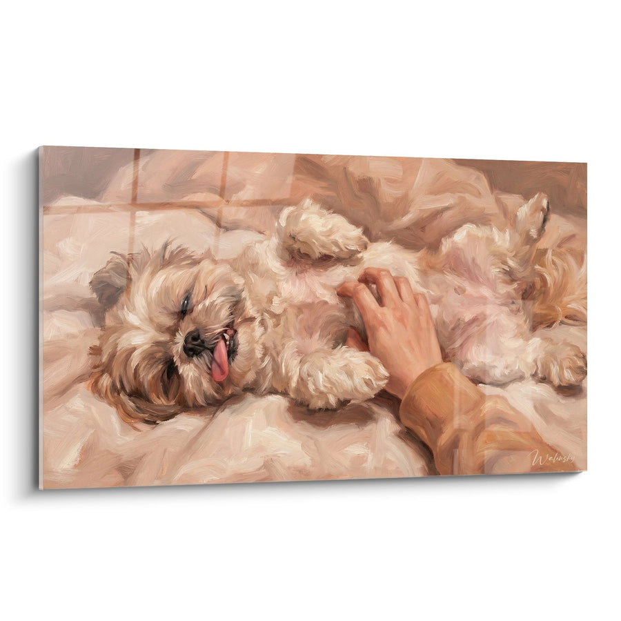 Tableau Shih Tzu Endormi sur Lit avec Main Caressante - Tendresse Matinale - Edition Shih Tzu