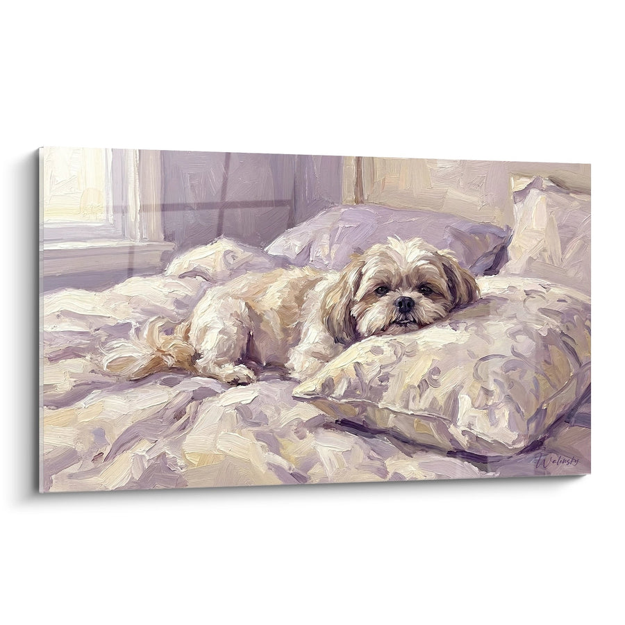 Tableau Shih Tzu Endormi sur Lit aux Tons Lavande - Douceur Matinale - Edition Shih Tzu