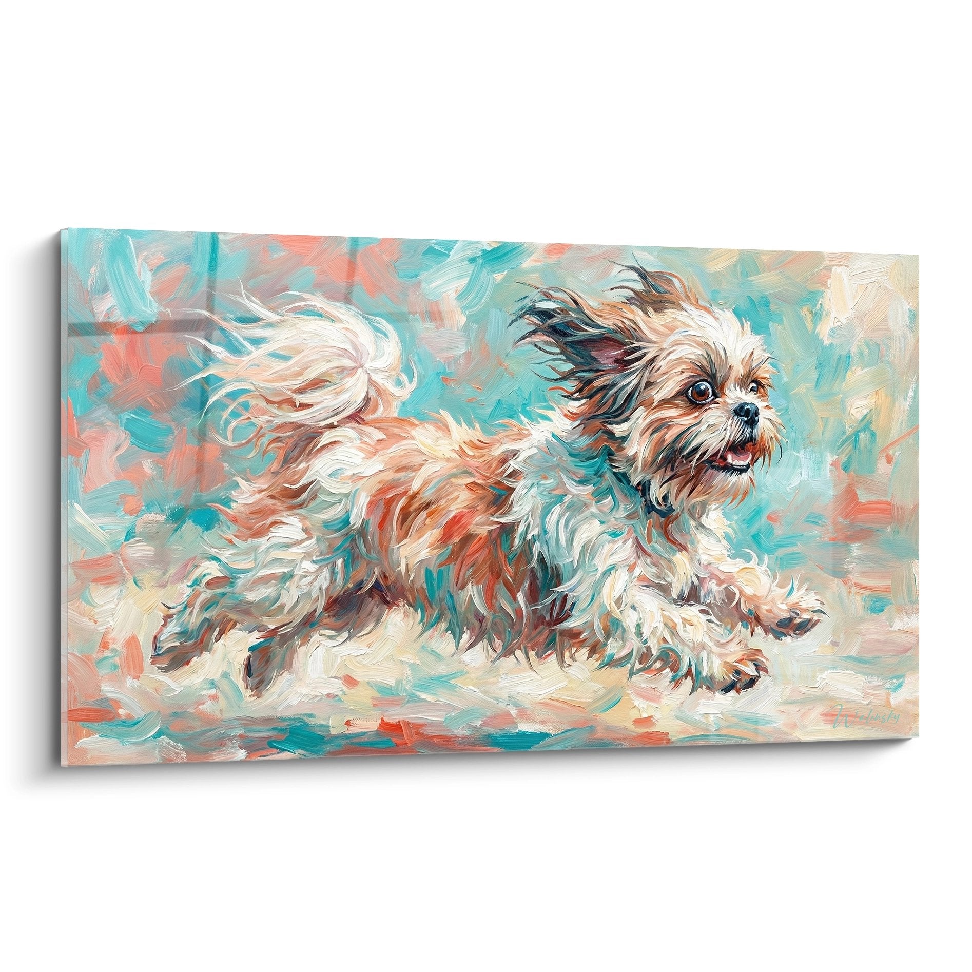 Tableau artistique Shih Tzu en mouvement avec pelage flottant sur fond turquoise et corail peinture expressionniste