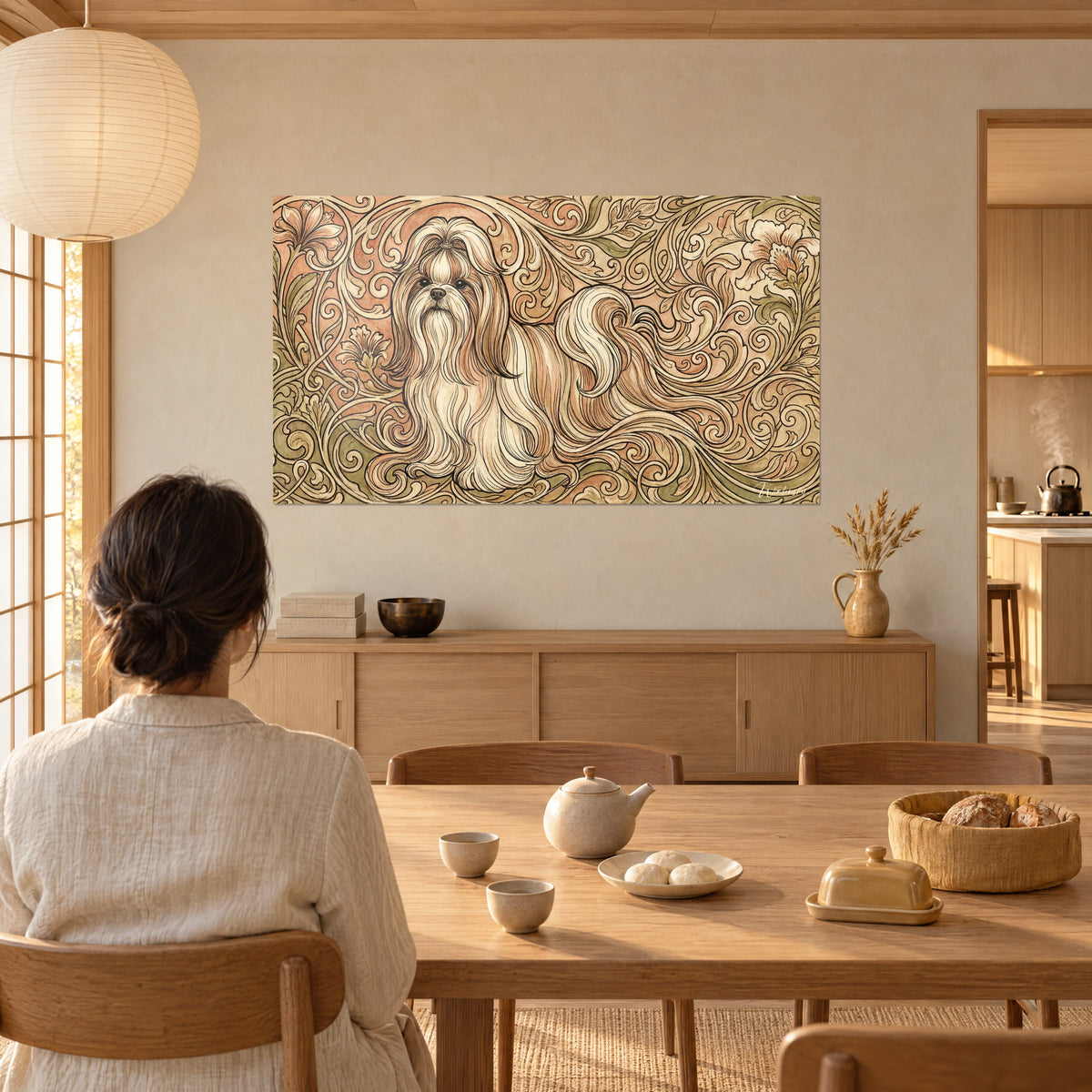 Wall art sighthound for the living room with silky cream fringe, baroque interlacing in ochre and olive green, a woman seen from behind seated at a table, facing the beige wall of a kitchen