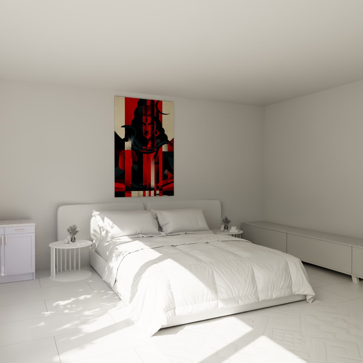 Divinité Shiva rouge et anthracite en méditation, accrochée au-dessus d'un lit dans une chambre claire.