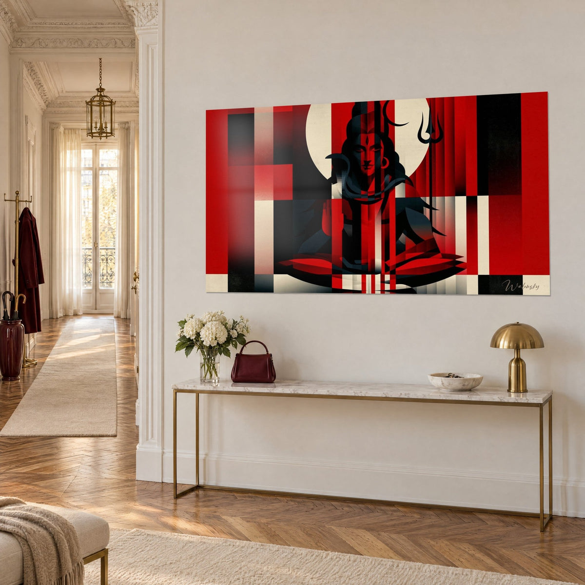Wall art Shiva with geometric features, red and black face framed by vertical bands, crescent moon and trident, white Haussmann-style wall