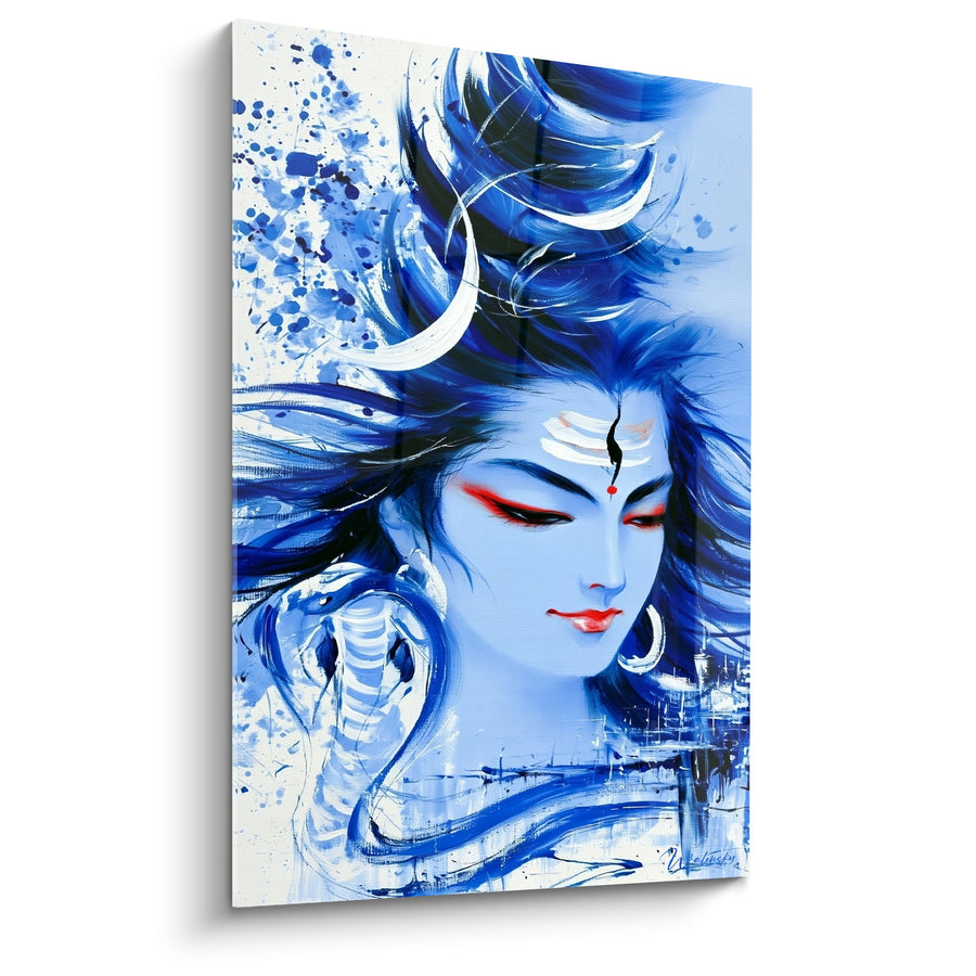 Tableau Visage bleu et blanc au serpent enroulé - Cité miniature au loin - Edition Shiva