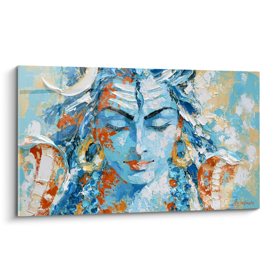 Tableau Visage bleu et orange au croissant blanc texturé - Empâtements au couteau - Edition Shiva