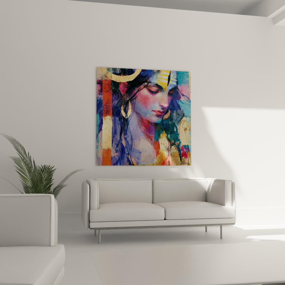 Visage de Shiva aux nuances roses et dorées, expression recueillie, au-dessus d'un canapé dans un salon lumineux
