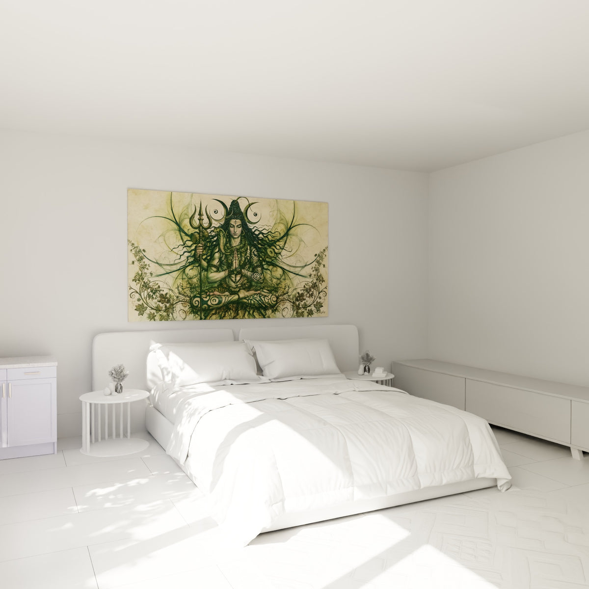 Divinité hindoue en méditation, tons dorés et verts, accrochée au-dessus d'un lit dans une chambre claire