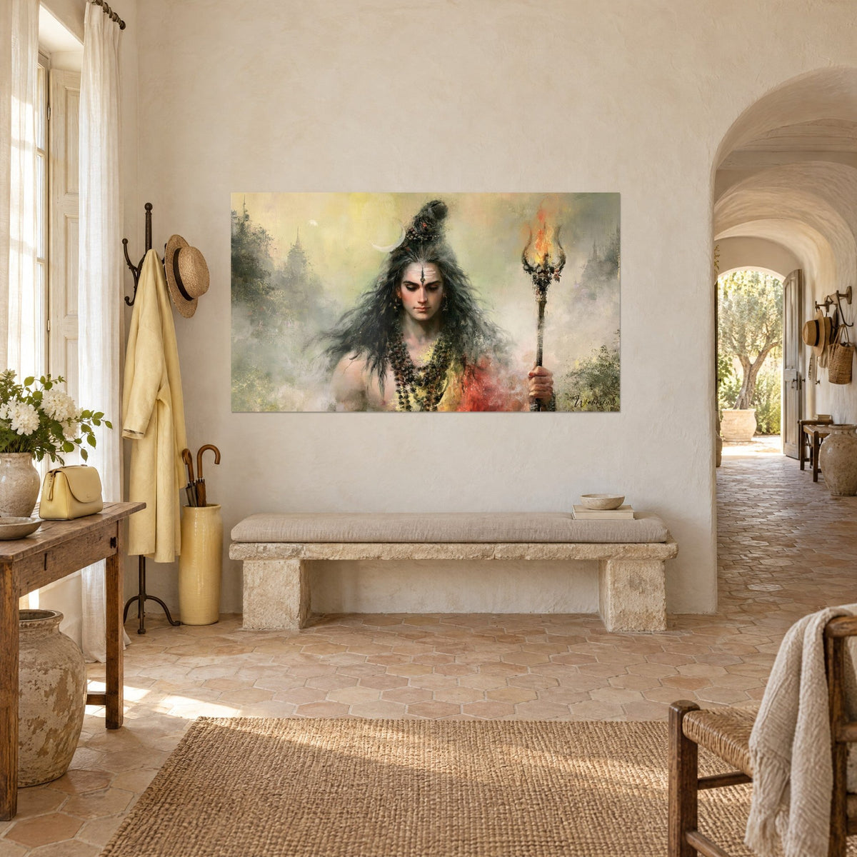Wall art blazing trident raised in yellow and green mist, distant city, hung on a cream wall in the entrance of a Provençal farmhouse