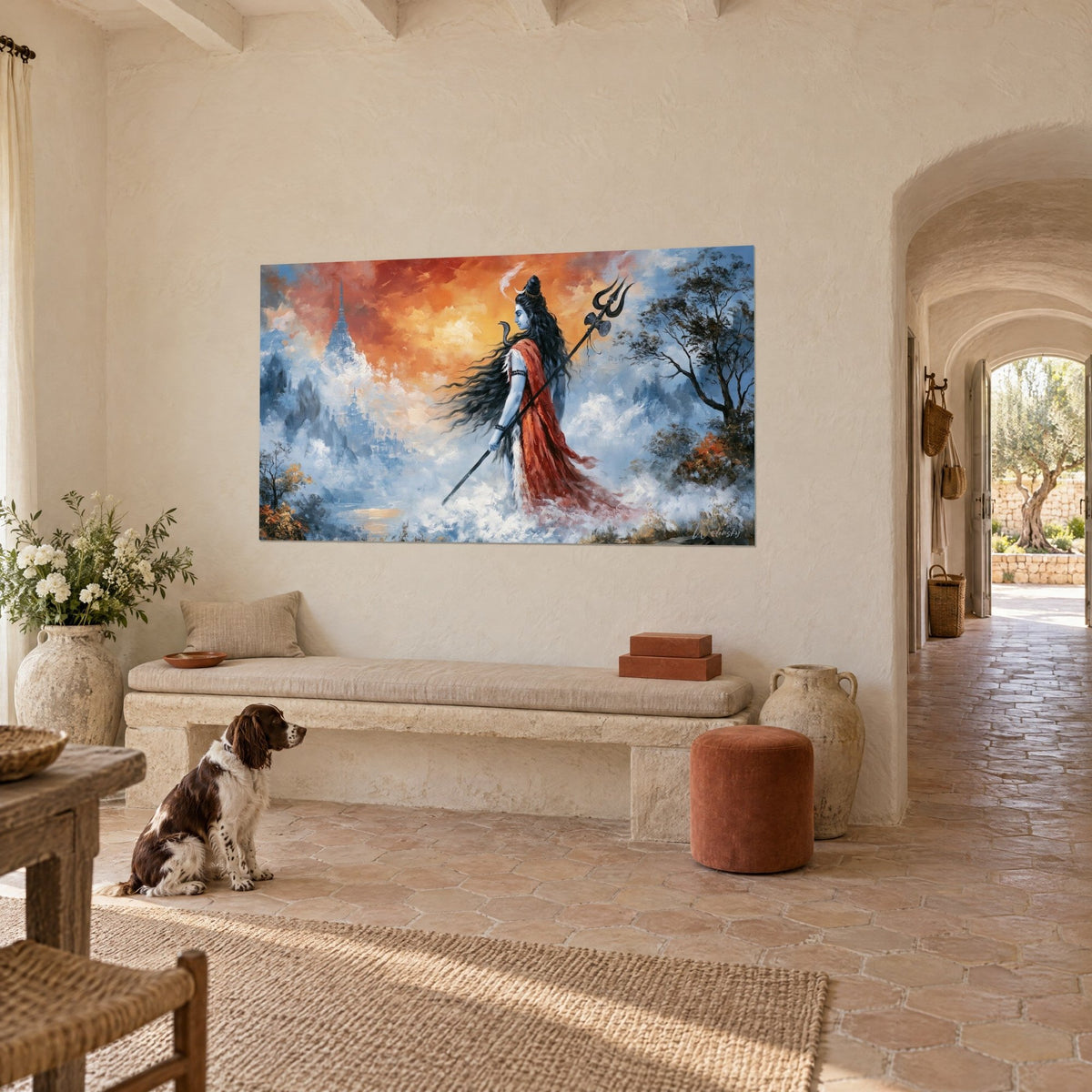 Wall art of a deity in a long vermilion robe walking through bluish mist, trident raised, bench and spaniel in a Provençal farmhouse